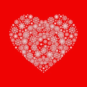 Heart made of white snowflakes on red background. Flat vector icon. Can be used for Christmas, New Year and St. Valentine`s Day
