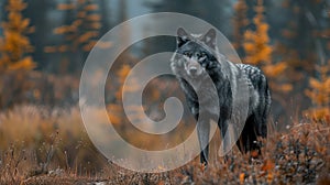 In the heart of the majestic Canadian Rockies, capture the elusive beauty of a wild black wolf amidst the pristine wilderness of