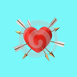 Heart with many arrows on blue background