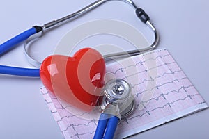 Heart with medical stethoscope on the paper cardiogram