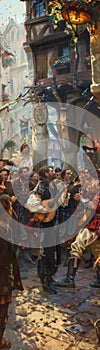 At the heart of the medieval marketplace a group of troubadours entertains the crowd with lively music and jests A paintingstyle