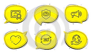 Heart, Megaphone and Full rotation icons set. Eye protection sign. Love, Advertisement, 360 degree. Optometry. Vector