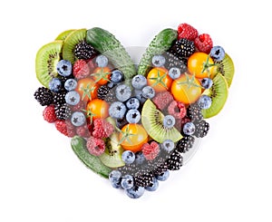 Heart of mixed fruits, berries and vegetables