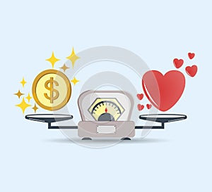 Heart and money for scales icon. Balance of money and love in scale. Concept of choice. Scales with love and money coins. Vector.