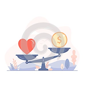 Heart and money on scales vector flat design illustration. Money and love balance on scale. Weights with love and money coin
