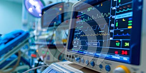 Heart monitor with ECG lines on the background of critical patient in the intensive care unit.