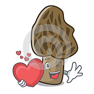 With heart morel mushroom mascot cartoon
