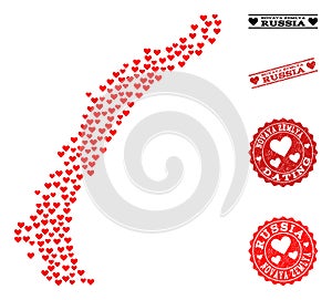 Heart Mosaic Map of Novaya Zemlya Islands and Grunge Stamps for Valentines