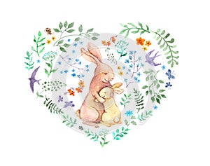 Srdce matky matka králik objatie jej. akvarel karta zvieratá kvety vtáctvo 