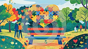 A heart of multicolored puzzles in the middle of a park with strolling people.
