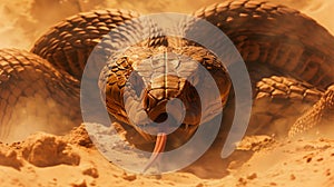 In the heart of a mystical desert, a fierce and monumental cobra rises from the sands, its eyes ablaze with an intensity that