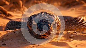 In the heart of a mystical desert, a fierce and monumental cobra rises from the sands, its eyes ablaze with an intensity that