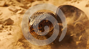 In the heart of a mystical desert, a fierce and monumental cobra rises from the sands, its eyes ablaze with an intensity that