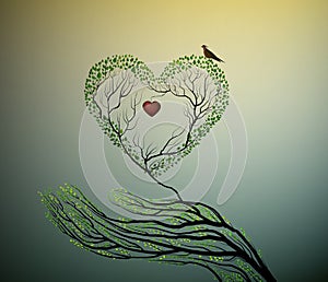 Heart of nature, treelike hand hold green heart, protect forest concept,