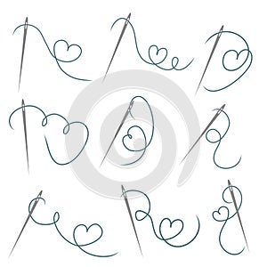 Heart with a needle thread icon for design on white, set of different form of hearts. vector illustration