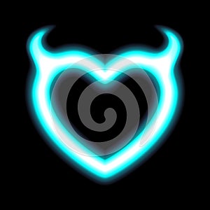 Heart neon or blue glow radiant effect of love with Devil horns for Valentines day Halloween. Holiday design, night love.