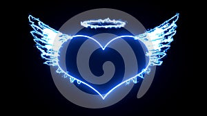A heart in neon light with angel wings on fire under a holy halo on a black background