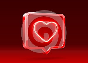Heart neon like icon, sign follower 3d banner, love post social media. Vector photo