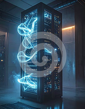High-Tech Server Rack with Luminous Data Streams