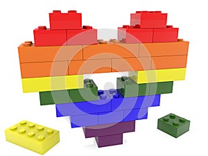 A heart of non-traditional orientation with an empty middle made of toy toy bricks