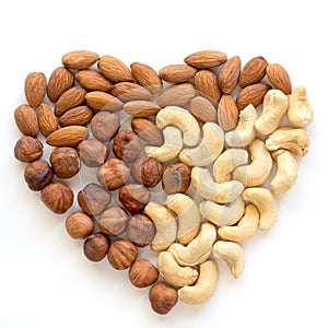 Heart nut. Cashew, almond, hazelnut. Healthy vegetarian food