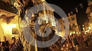 Heart of an old town square, a puppeteer enchants the crowd with a whimsical show, AI generated