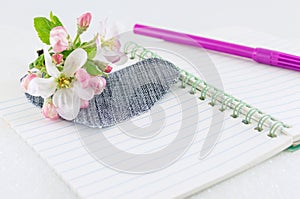 Heart on open notebook with spring blossom flowers