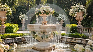 At the heart of the opulent garden party a magnificent marble podium rests atop the glistening waters of a centuryold