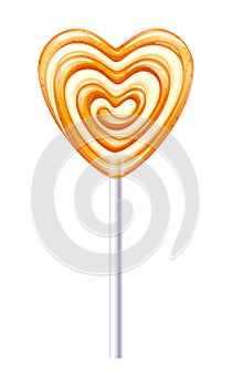 Heart orange lollipop candy vector illustration.