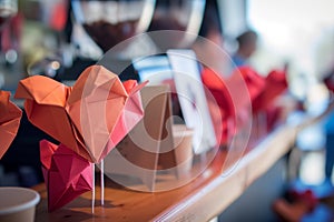 heart origamis being used as placeholders at a cafe