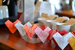 heart origamis being used as placeholders at a cafe