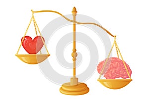 The heart outweighs the intellect on the scales. Brain heart balance illustration concept. Hard to make choice symbol.