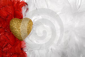 Heart over white and red feathers background