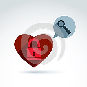 Heart Padlock lock and Key conceptual icon, unlock my heart, unlock your feelings, free your heart, safe from feelings, vector con