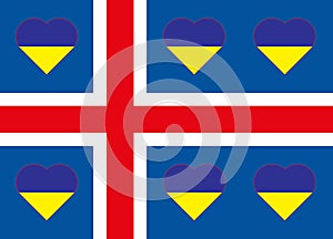 A heart painted in the colors of the flag of Ukraine on the flag of Iceland. Illustration of a blue and yellow heart on the