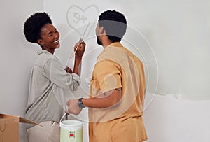 Heart painting, love or black couple home renovation, diy or house remodel laughing together with paintbrush. Happy