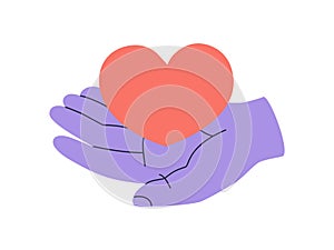 Heart in the palm, simple icon. Concept or charity, support, help