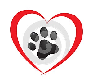 Heart with paw. Traces of dogs or cats. Vector isolated silhouette