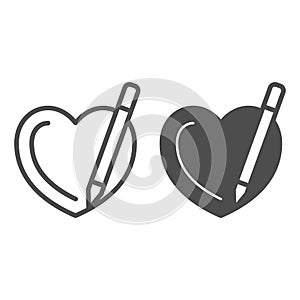 Heart and pencil, pen drawing a heart line and solid icon, dating concept, love, valentines vector sign on white