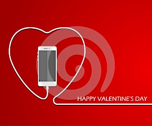 Heart with phone, wire. Valentines card. Eps. Vector illustration. love smartphone flayer. Mothers day poster template