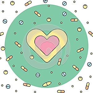 Heart with pills and capsules in a circle