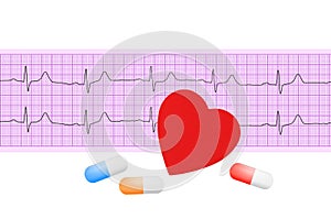 Heart and pills over electrocardiogram graph