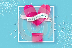 Heart Pink hot air balloon flying. Love in paper cut style. Origami heart. Happy Valentine day. Ribbon tape for text