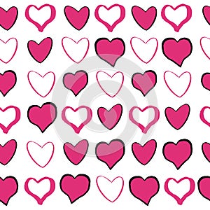 Heart pink romantic doodle seamless pattern with black hearts. Shape on white background in hand drawn hipster grunge