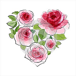 Heart of pink roses. Watercolor