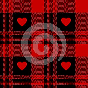 Heart plaid pattern in red and black for Valentines Day flannel shirt, skirt, blanket, scarf. Seamless herringbone tartan check.