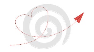 Heart plane path. Love friendship concept, paper airplane flying. Isolated red aircraft takes off vector illustration