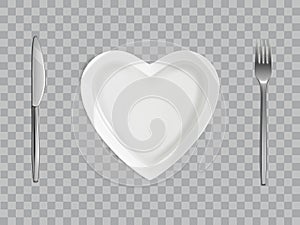 Heart plate, fork and knife, empty table setting