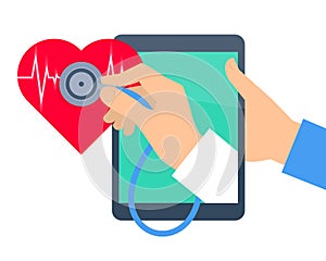 Heart pulse examination by tablet computer. Telehealth and telemedicine.