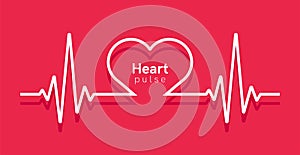 Heart pulse. Heartbeat line, cardiogram. Red and white colors. Beautiful healthcare, medical background. Modern simple design.